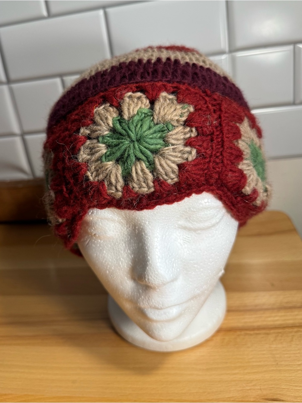 Handmade 100% Wool flower Beanie Hat Fleece Lined Made in Nepal